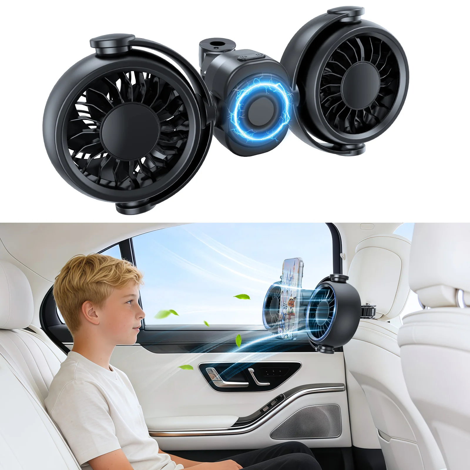 Ventilador Para Coche (negro), Recargable Por Usb, Con Soporte Magnético Para Teléfono, 3 Velocidades De Viento.