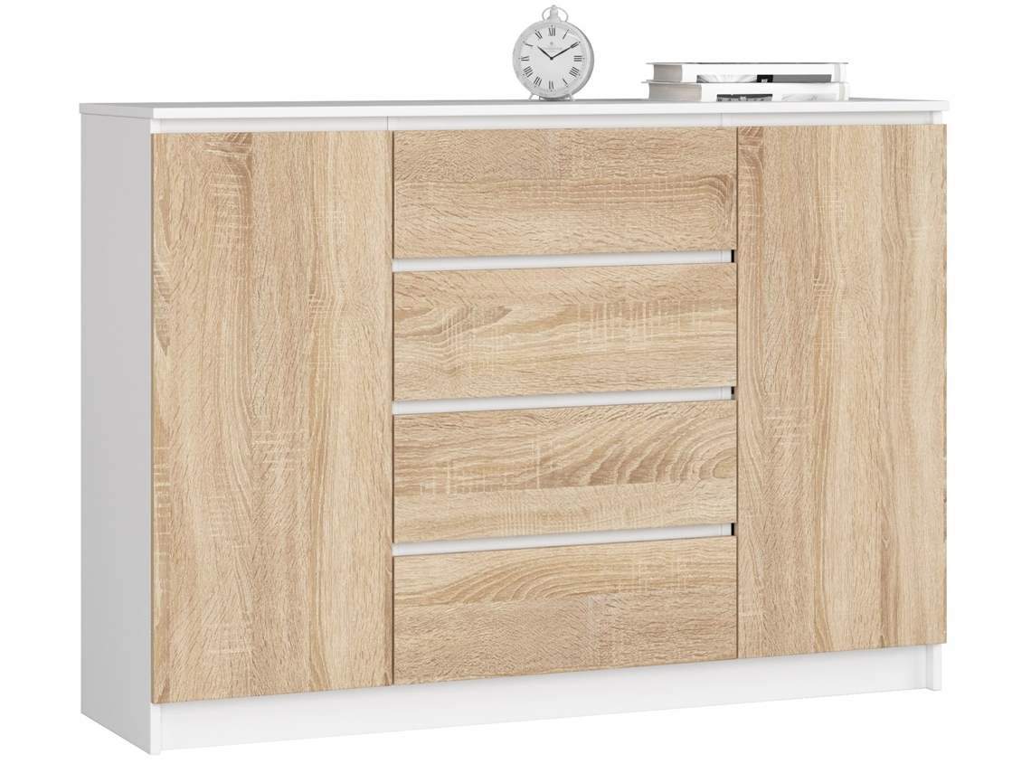 Cómoda Akord K140 Blanco 138 Cm 2 Puertas 4 Cajones Frente En Color Roble Sonoma 4 Estantes 138x40x99 Cm