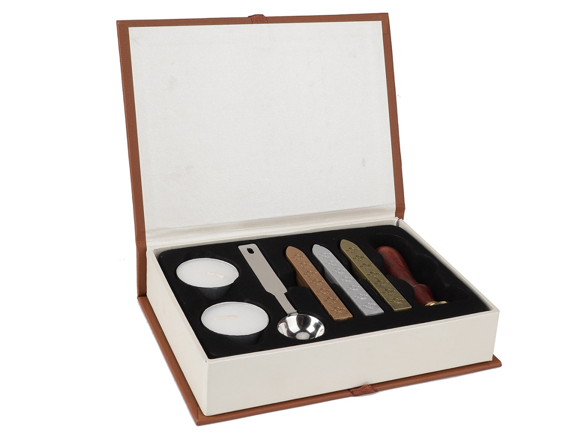 Kit de sellos de madera vintage con cuchara para cera en caja de regalo