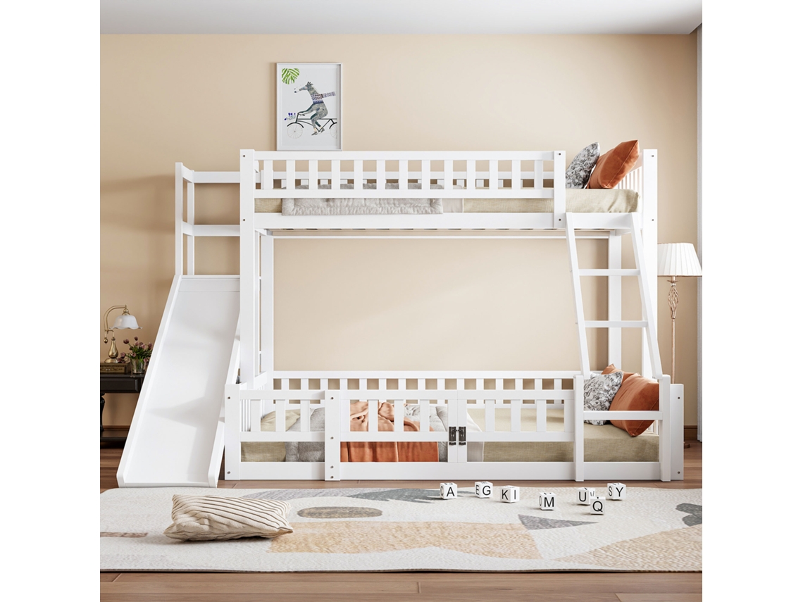 Litera de 90x200 cm y 140x200 cm de madera de pino con tobogán, escaleras, barreras, espacio de almacenaje y pequeña puerta corredera de estilo blanco.