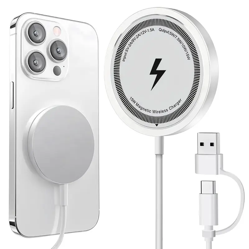 Cargador inalámbrico magnético de carga rápida de 15 W para iPhone 16/15/14/13/12/11 y AirPods con doble entrada USB-C/A (blanco) SIURN