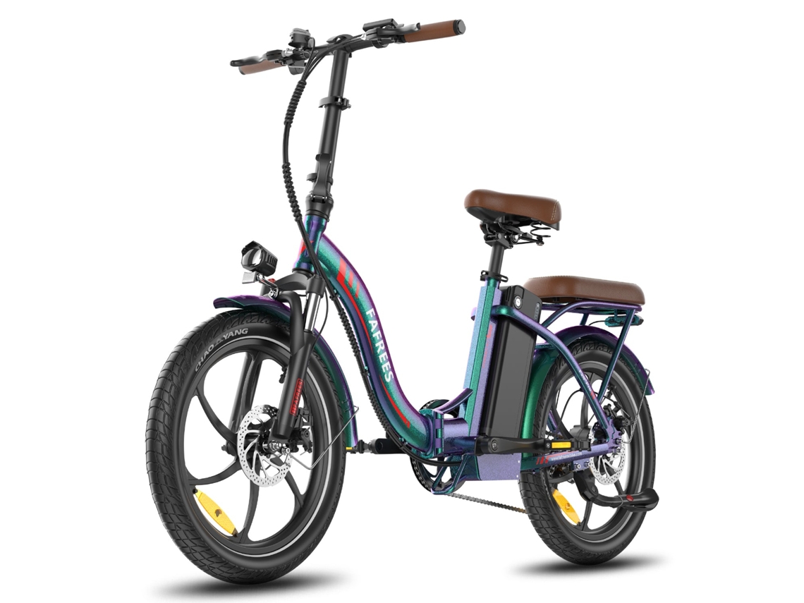Bicicleta eléctrica Fafrees F20 Pro, motor de 250 W, batería de 36 V y 22,5 Ah, neumáticos de 20 pulgadas, frenos de disco mecánicos, color azul y verde.