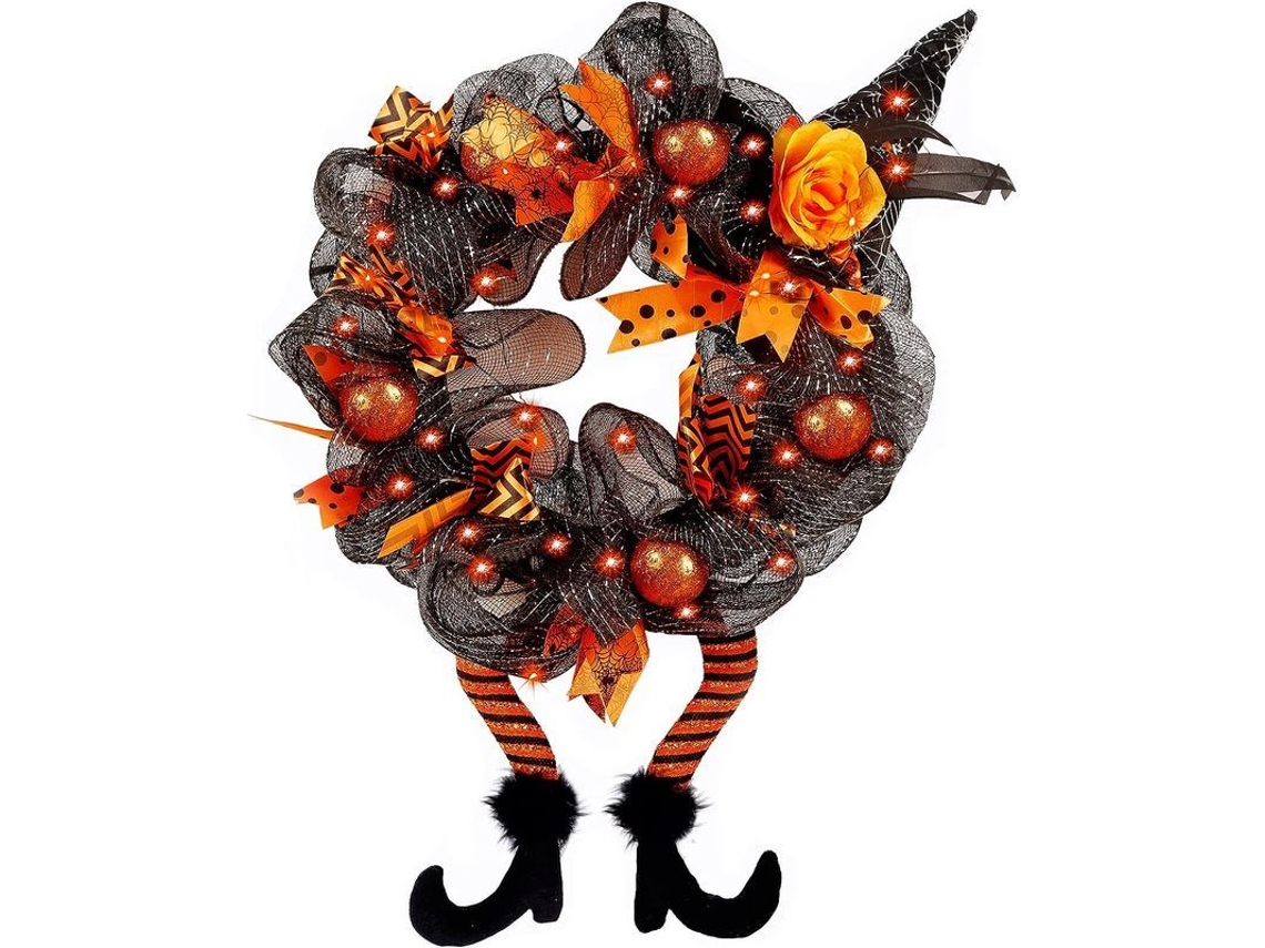 Corona De Halloween Con Sombrero Y Piernas De Bruja, Decoración De Puerta Con Luces Naranjas.
