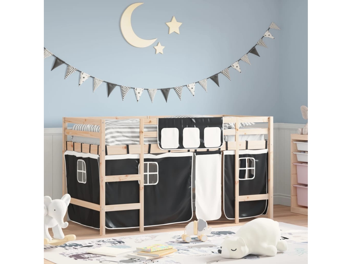 Cama Alta Niños Con Cortinas Madera Pino Blanco Negro 90x190 Cm
