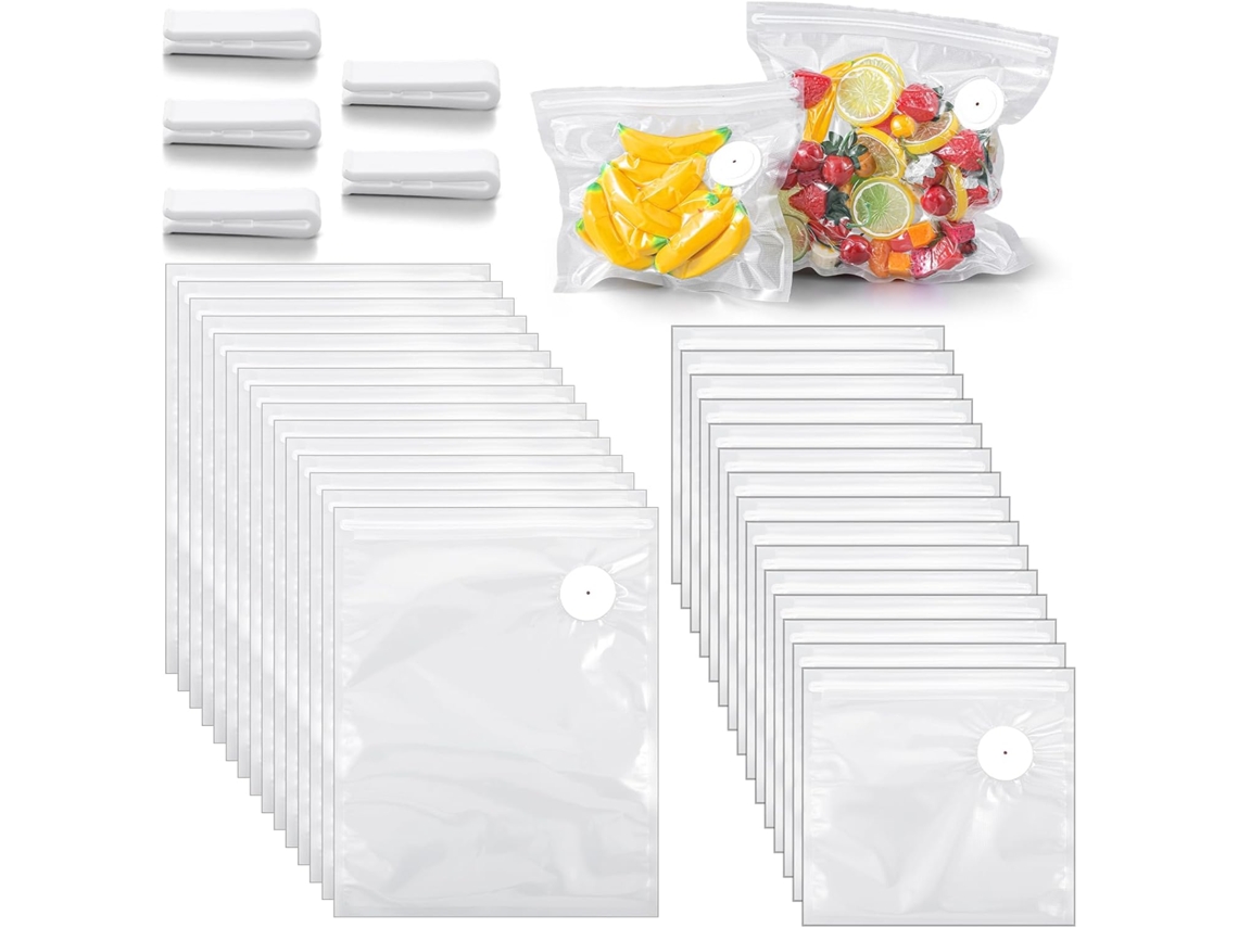 Juego De 30 Bolsas De Vacío Reutilizables Para Alimentos Con 5 Clips De Sellado (26x28cm/30x34cm) Gertiz