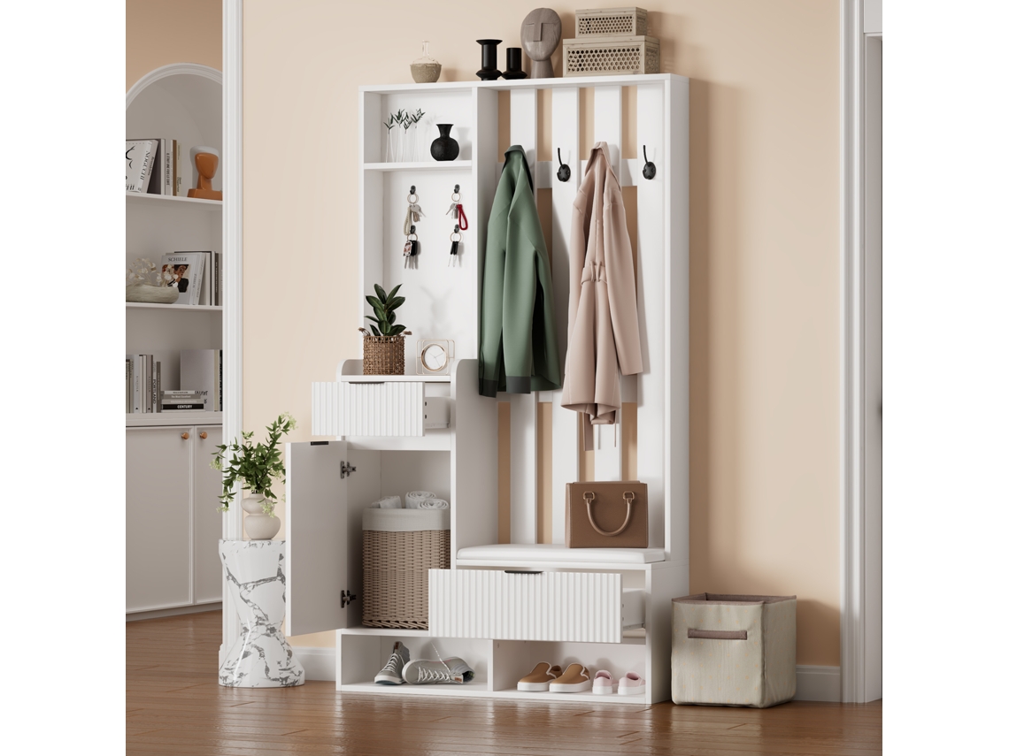 Mueble de entrada 6 en 1, 8 ganchos, zapatero, estantes, con protección antivuelco, blanco, 100 x 30 x 180 cm, MOBRIO