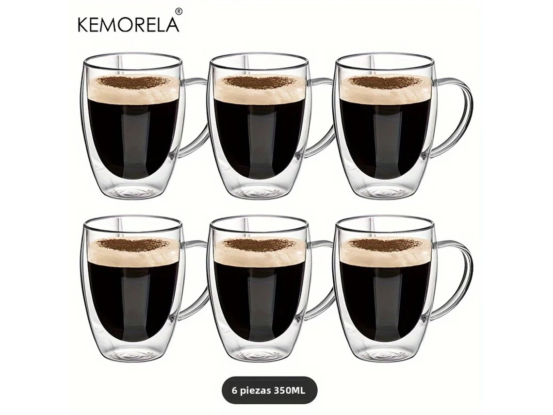 Tazas de café de vidrio de doble pared con aislamiento térmico y asas, 350 ml, transparente, Mdug (6 unidades)
