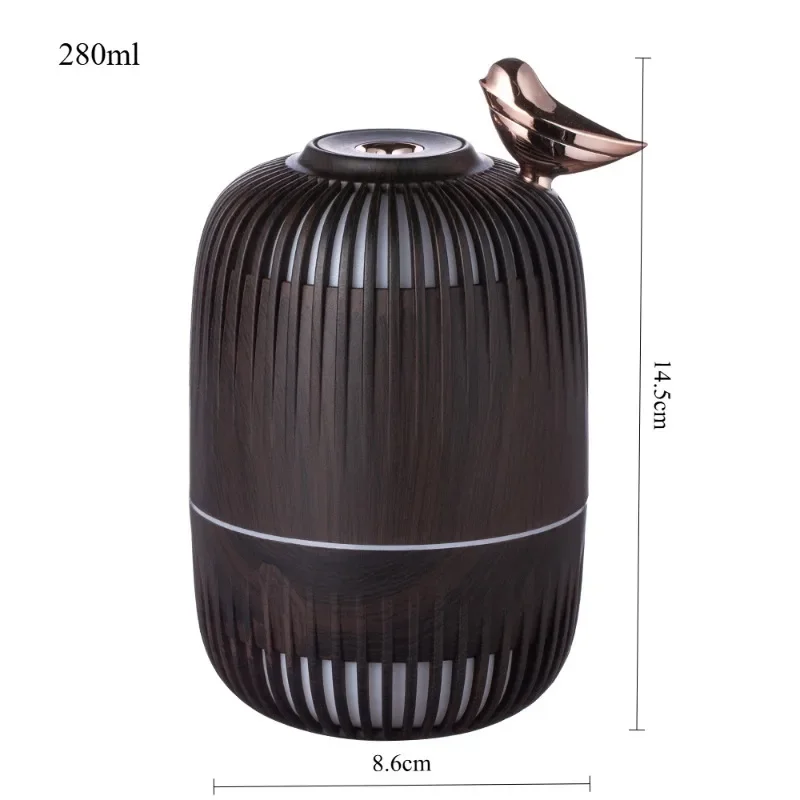 Humidificador creativo en forma de jaula de pájaros con diseño de madera, 280 ml, con difusor de aroma USB. Mdug