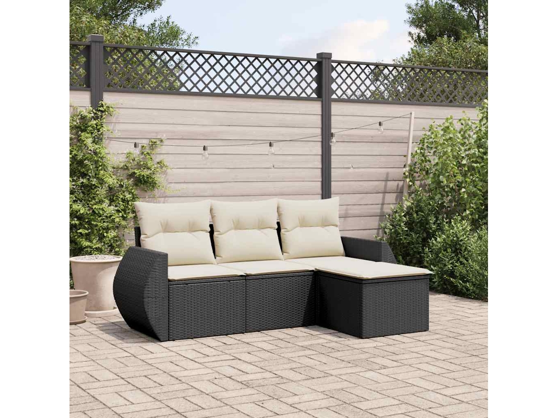 Conjunto de sofá de jardín de 4 piezas con cojines, mimbre sintético negro, Dkd Home Decor