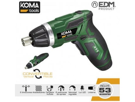 Atornillador a Bateria Reversible 3,6V Litio 1300Ma Con 53 Accesorios 17,5X14,8Cm KOMA TOOLS