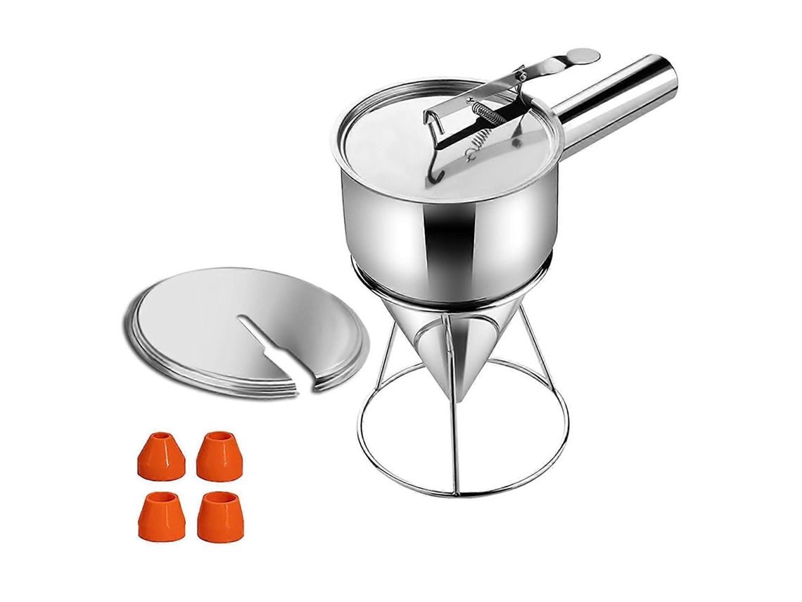 Dispensador de masa para tortitas de acero inoxidable, 1200 ml, con control preciso para gofres y pasteles.