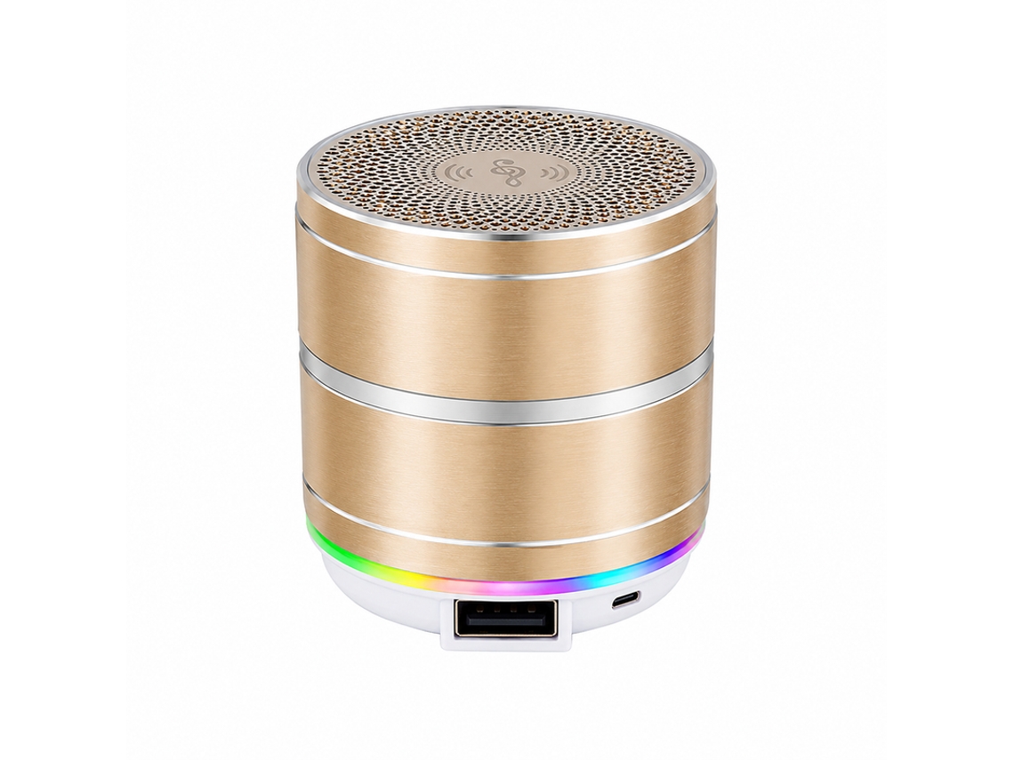 Mini Coluna Bluetooth Portátil Com Iluminação Led Rgb E Som Estéreo Multicores Kimiso Uf88 Dourado