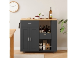 Isla de cocina con ruedas, armario de cocina con espacio de almacenamiento, 3 especieros, cajones, estantes abiertos, color negro