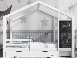 Cama Cabina 90x200 Cm - Madera Maciza - Con Pizarra Y 2 Cajones - Blanco