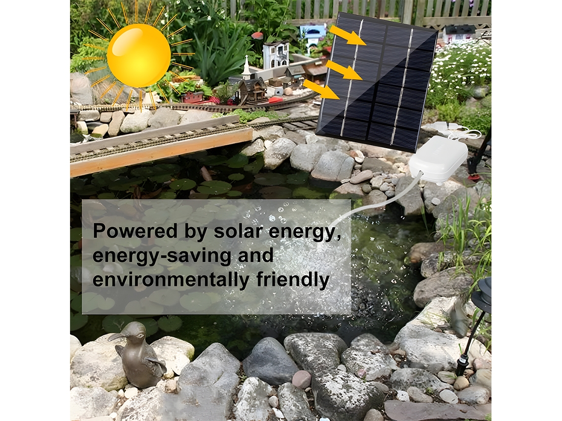Aireador solar con batería para piscinas y acuarios.