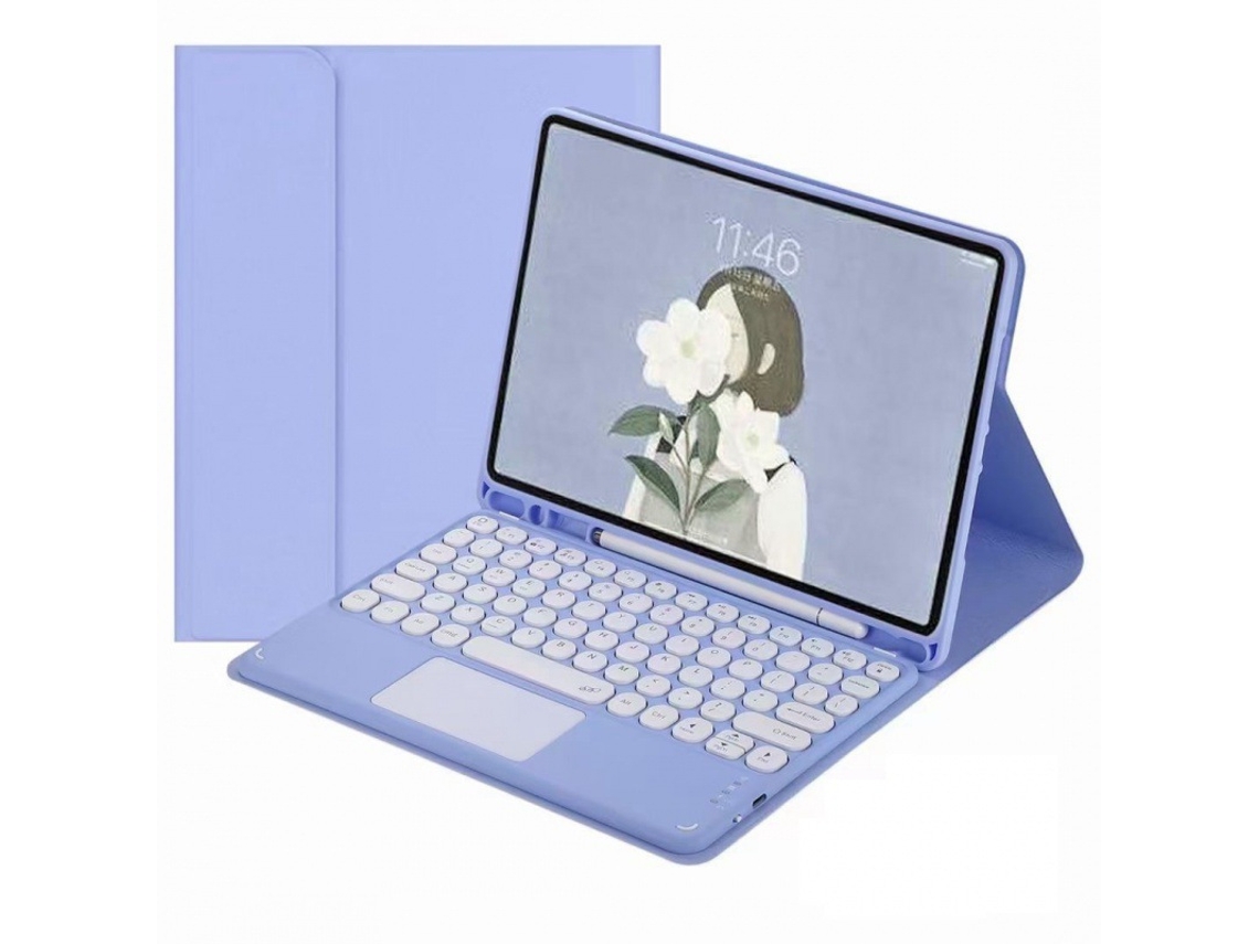 Funda con teclado Bluetooth Fwinl para iPad Pro de 12,9 pulgadas (2022/2021/2020/2018) con teclado táctil y ratón y bandeja para bolígrafo (portugués, morado claro)