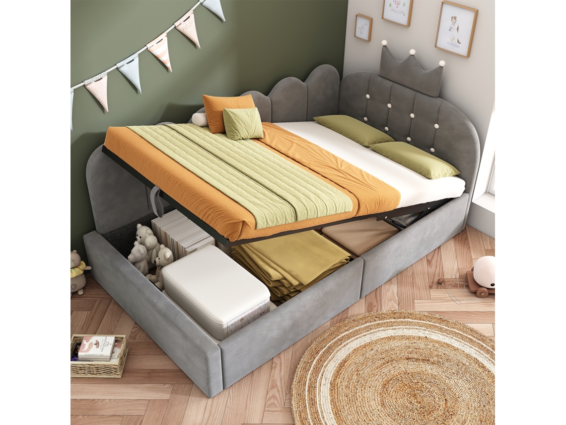 Sofá Cama En Forma De L De Terciopelo Gris Con Cojines Hidráulicos, 90x200 Cm