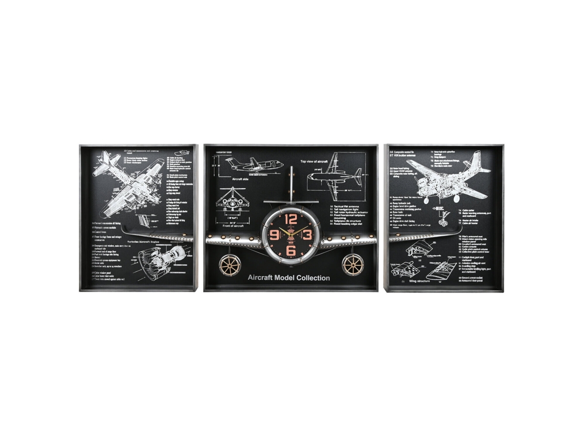 Set 3 Reloj Pared Metal Avion Plateado 175x21x64cm