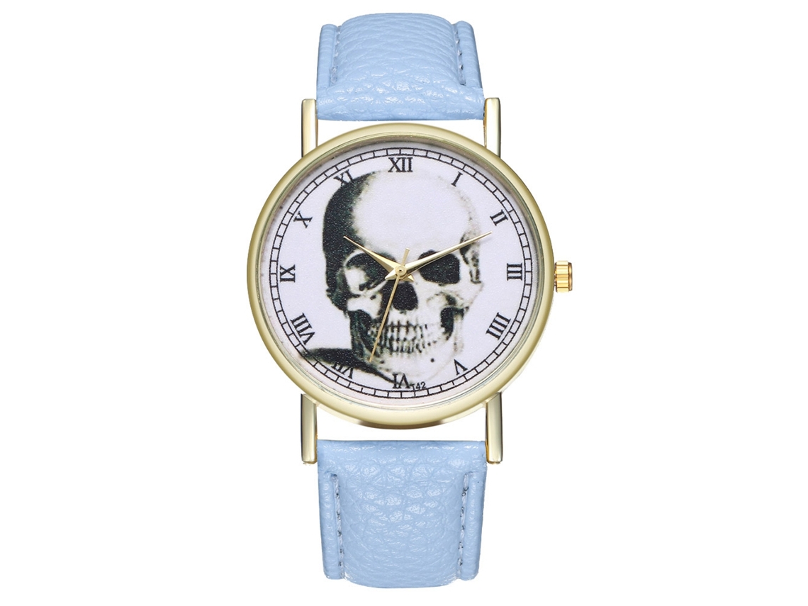 Reloj De Cuero Pu Con Calavera Y Números Romanos Para Mujer Y Hombre Azul Claro
