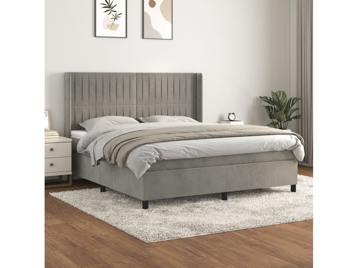 Cama Box Spring Con Colchón Terciopelo Gris Claro 180x200 Cm