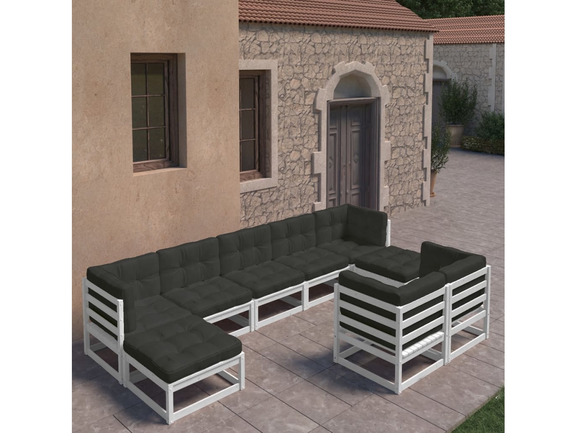 9 unidades Conjunto. Lounge De Jardim C/ Almofadões Pinho Maciço Branco Dkd Decoración Del Hogar