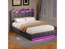 Cama Doble 140 X 190 Cm, Cama Tapizada Con Led, Usb Tipo C, Cabecero Con Espacio De Almacenamiento, Gris, Tejido De Lino