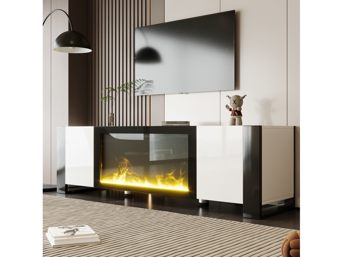 Mueble de TV 165x32x55xcm 2 Puertas Con Chimenea Eléctrica Con Efecto Llama Sin Calefacción Blanco Negro Estilo