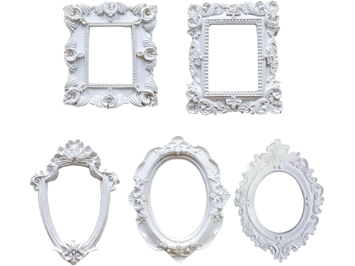 Juego de 5 mini marcos de fotos blancos con pequeñas flores, formas ovaladas, rectangulares y barrocas - Gokoco