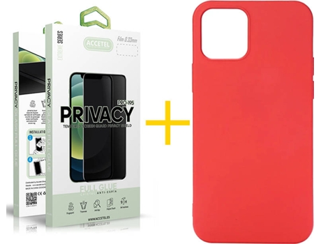Kit Carcasa y Protector Cristal 1X Privacy Iphone 12 Mini Accetel Silicona Líquido Rojo