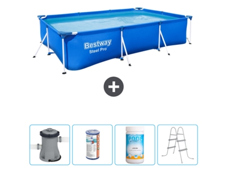 Piscina BESTWAY rectangular Steel Pro - 300 x 201 x 66 cm - Azul - Bomba incluida Filtrar - Cloro - Escalera