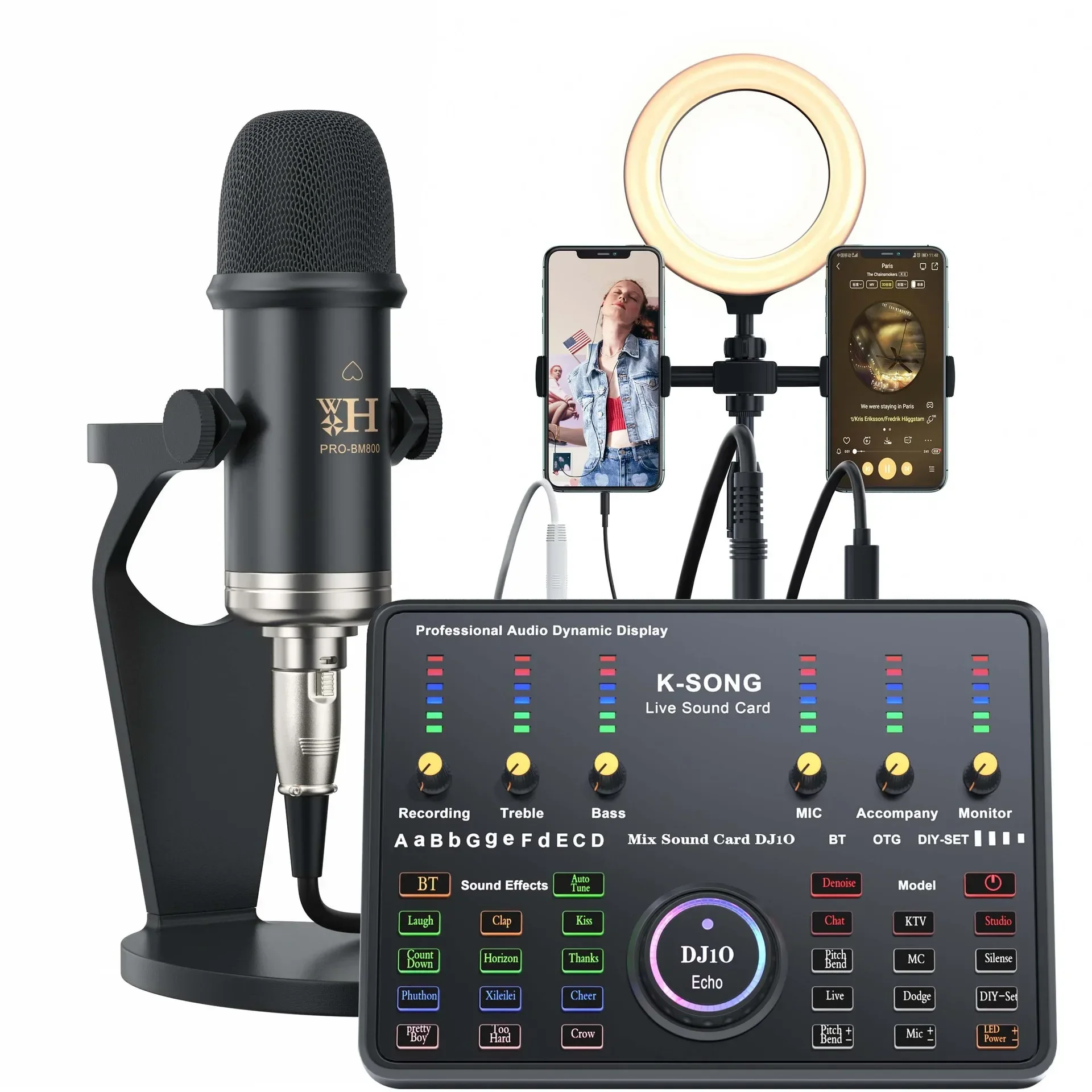 (redonda Negra) Kit De Tarjeta De Sonido Micrófono De Condensador De Estudio