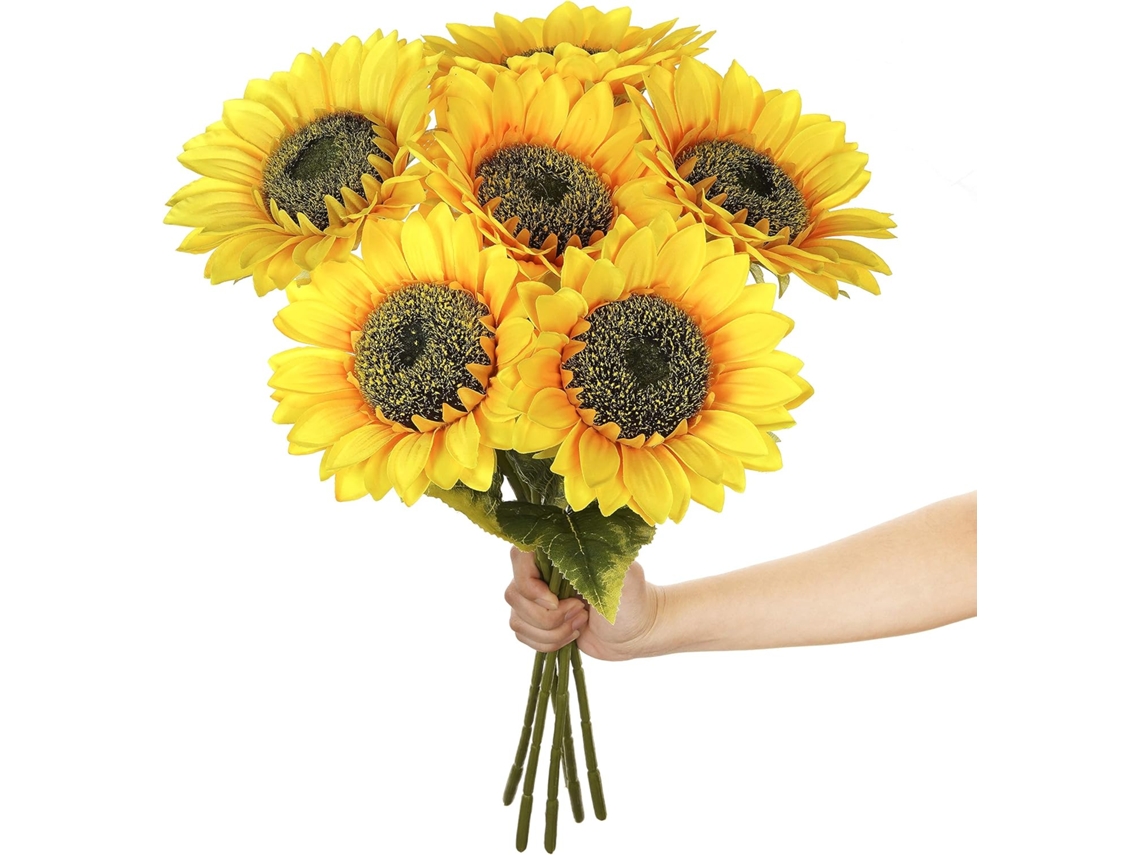 6 flores artificiales de girasol de seda sintética con tallos largos para decoración del hogar, hotel, oficina, boda, fiesta y jardín.