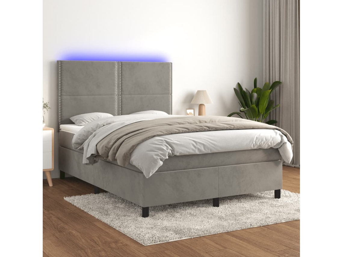 Cama Box Spring Colchón Y Led Terciopelo Gris Claro 140x200 Cm