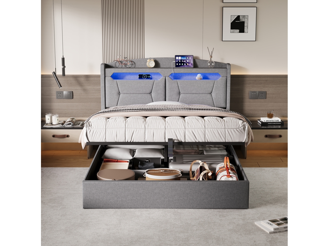 Cama De Matrimonio 140x190cm Con Almacenamiento, Cama Adulta De Resorte Neumático En Terciopelo Gris, Cama De Adolescente Con Led, Usb-c Y Cabecero