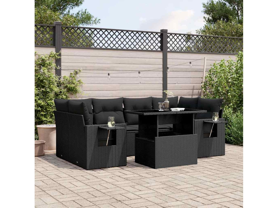Conjunto 7 de sofás de jardín VIDAXL con cojines ratán sintético negro