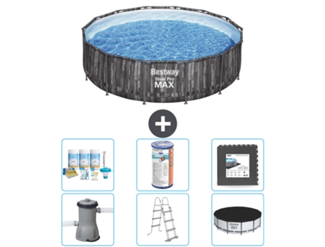 Piscina BESTWAY Round Steel Pro MAX - Impresión en madera - 427 x 107 cm - Incluye bomba - Escalera - Cobertor Accesorios CB31