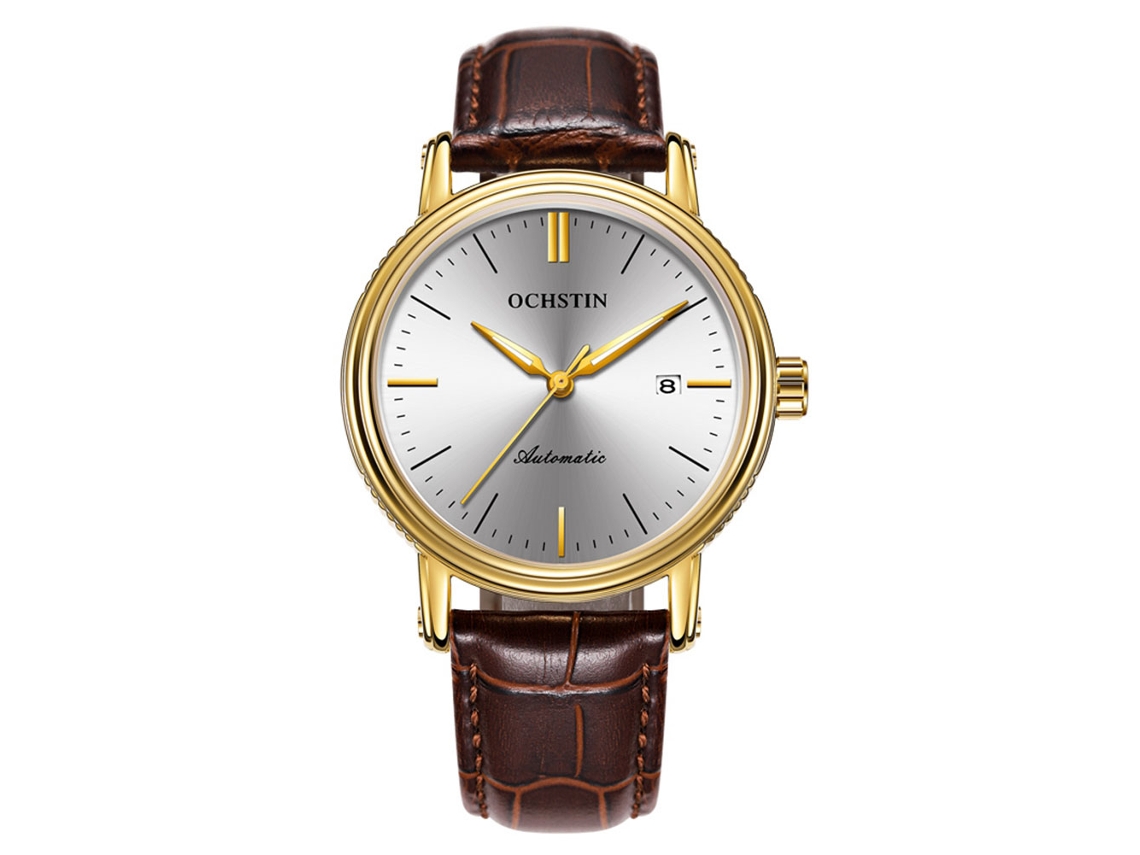 Reloj De Pulsera Mecánico Automático Para Hombre Ochstin, De Cuero Genuino, Plateado Y Blanco.