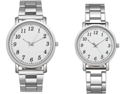 Conjunto Relojes Pareja Reloj Cuarzo Acero Inoxidable Brazalete Plateado Esfera Blanca Hombre Mujer Estilo