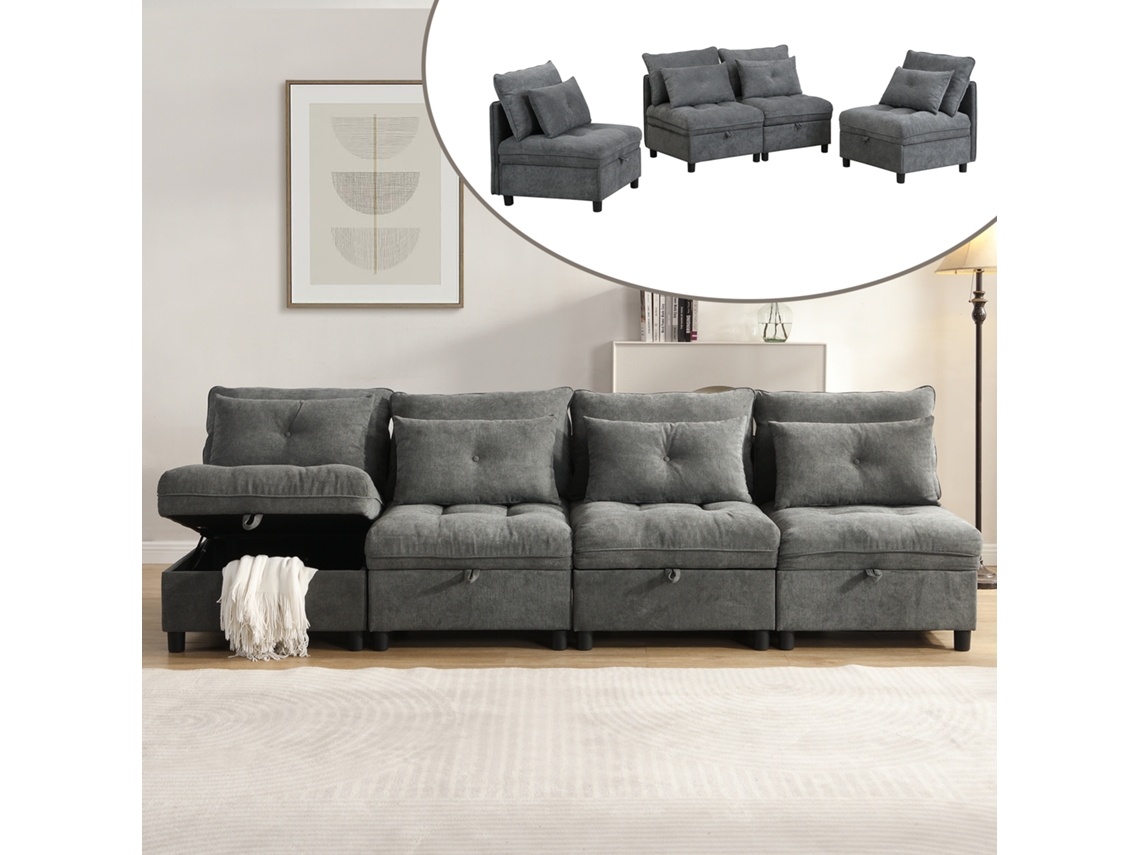 Sofá modular de 4 plazas con almacenaje y función cama, Gris Antiguo, Mobrio
