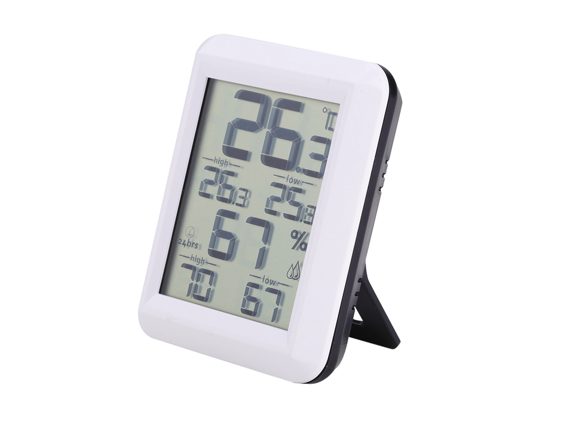 Termómetro higrómetro digital para interiores con medición de temperatura y humedad e indicador de confort ambiental.