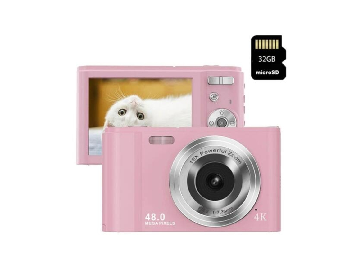 Cámara Digital HD SZSMART para Fotografía Doméstica Full HD 2.7K 48Mp 16X (Rosa Claro + Tarjeta de Memoria 32 GB)