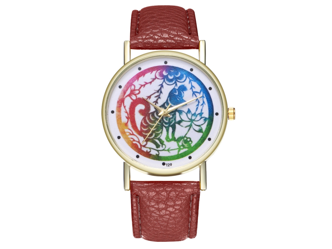 Reloj Analógico Zodiaco Unisex De Cuero Pu Para Hombre Y Mujer Ocio Marrón