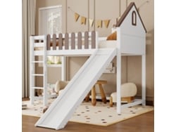 Cama Alta Infantil De 90x200 Cm, Con Techo Y Ventanas, Escalera Recta De 3 Peldaños, Cama Con Tobogán, Madera De Pino + Mdf, Nogal Blanco.