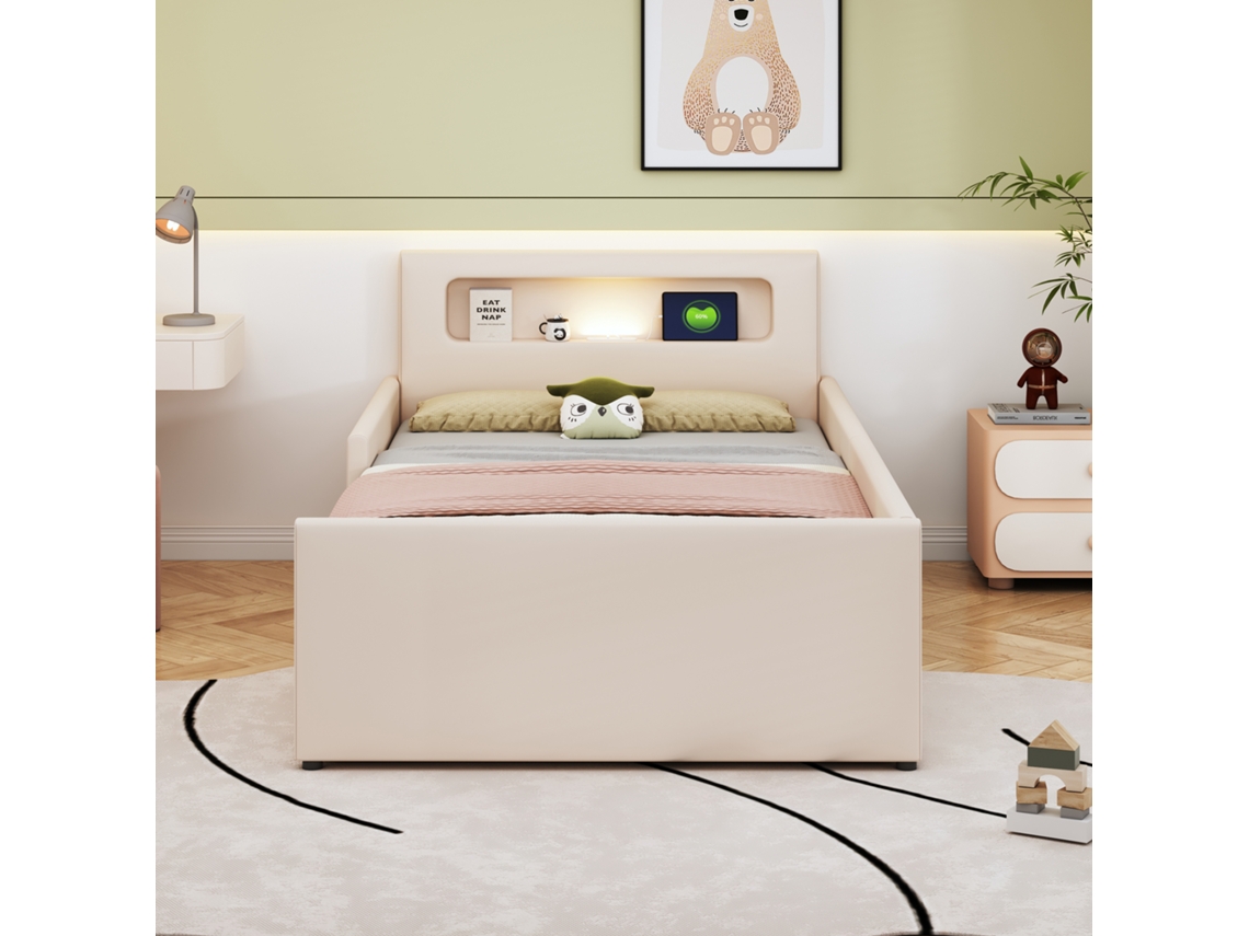 Cama infantil con cajón de 90 x 200 cm con LED y puerto USB en piel sintética beige.