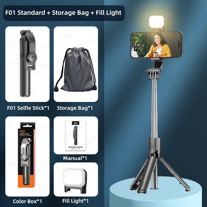 Trípode para selfies con Bluetooth, soporte de mesa, soporte para teléfono móvil, control inalámbrico, luz de relleno, luz adicional y estuche de transporte.