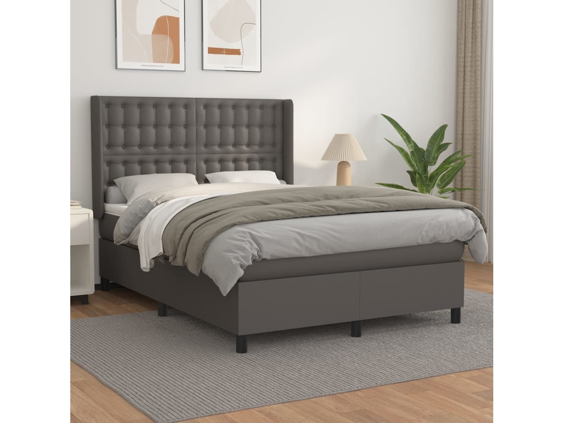 Cama Box Spring Con Colchón Cuero Sintético Gris 140x190 Cm