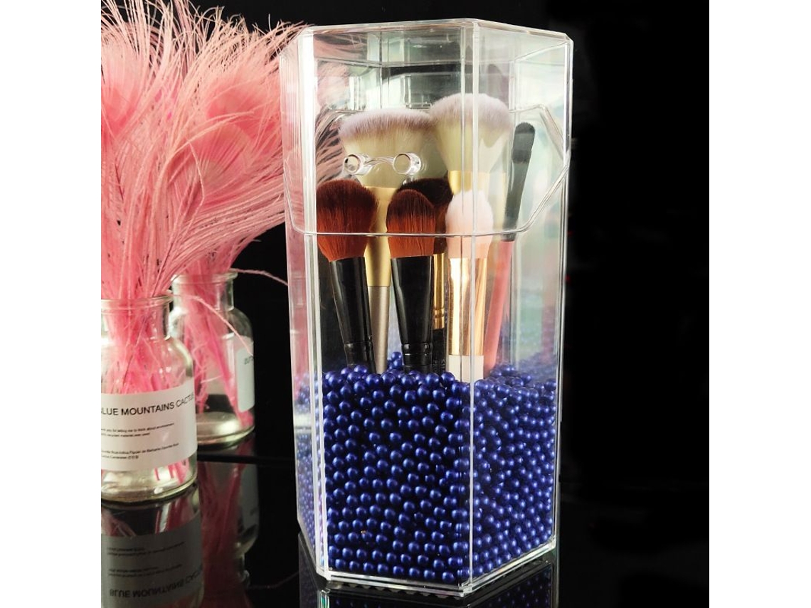 Porta Brochas De Maquillaje Hexagonal De Acrílico Con Tapa, Estante Transparente Para Baño Y Tocador Con Perlas Moradas