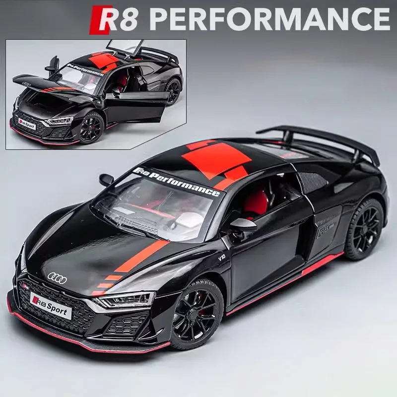 (r8 Negro) Escala 1:24 - Coche deportivo en miniatura de aleación de metal - Sonido y luz simulados