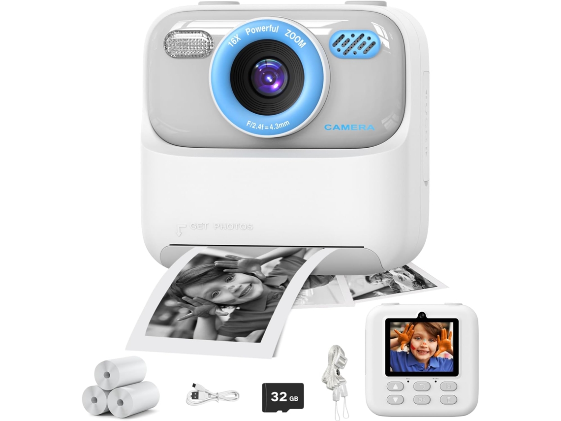 Cámara instantánea para niños Gertiz 1080p HD con pantalla IPS de 2,4 pulgadas, impresión térmica y tarjeta de 32 g, color blanco
