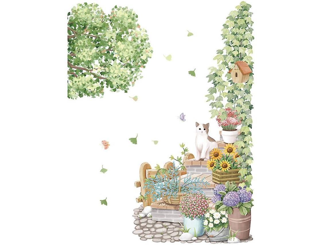 Rebe-adhesivo De Pared Gatito Con Plantas Y Flores, Decoración Verde Para Sala, Dormitorio Y Oficina